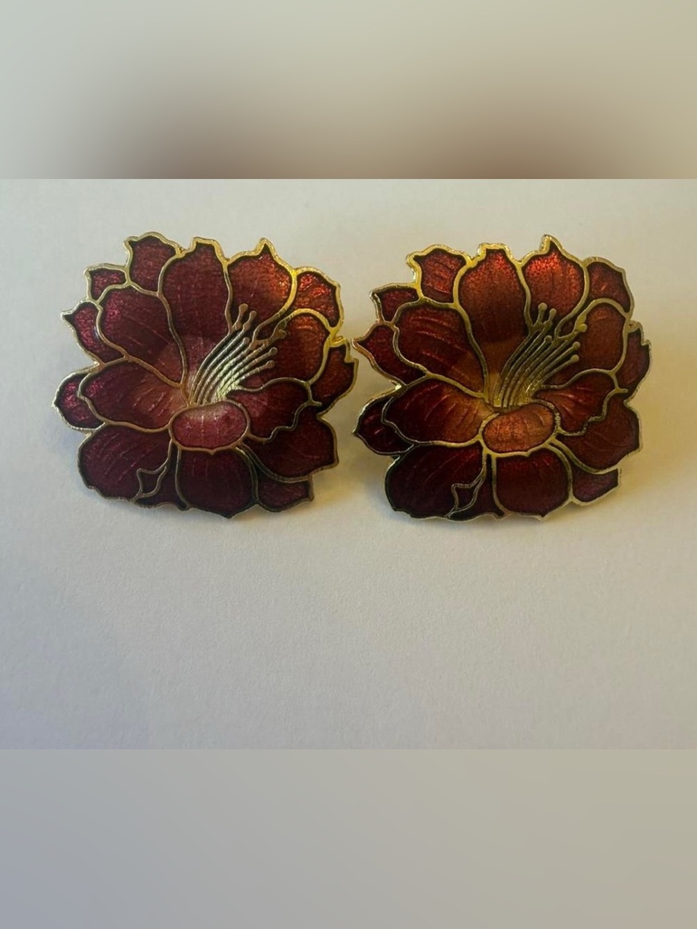 Vintage Red Flower Cloisonné Earrings